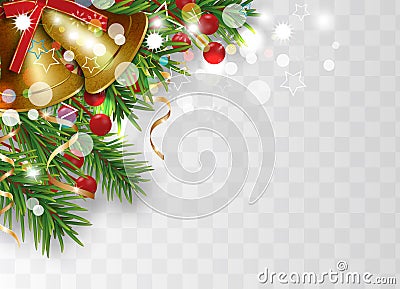 Christmas bells golden. Happy New Year border with Christmas tree branches and holly berries, gold ribbons. Bright decoration on Vector Illustration