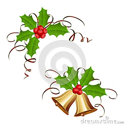 Christmas bells and holly berry with tinsel Vector Illustration