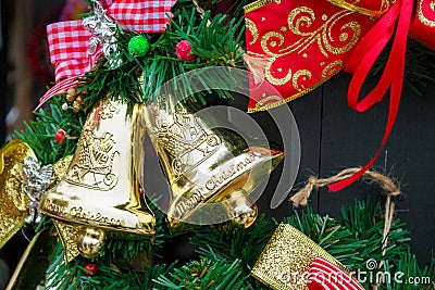Christmas bells on New Year tree branch Stock Photo
