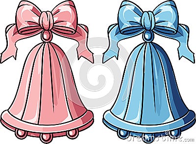 Christmas Bells with Pink and Blue Bows Vector Illustration