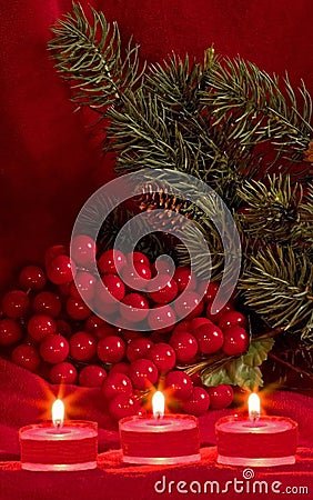 Christmas berries and tea candles Stock Photo