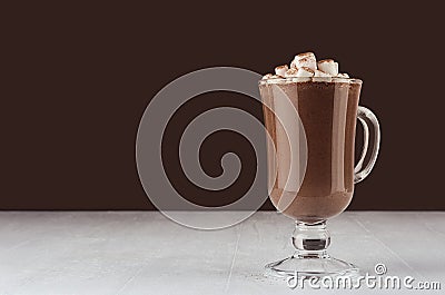 Christmas beverage - hot chocolate in mug with marshmallows, cocoa powder in elegant dark brown interior, copy space. Stock Photo