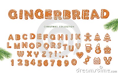 Christmas big set. Gingerbread font and different cookies collection. Vector Illustration