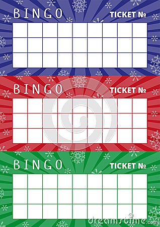 Christmas bingo cards with red, blue, green glowing backgrounds and snowflakes Vector Illustration