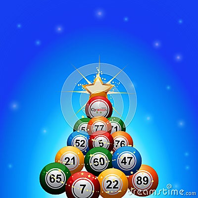 Christmas bingo lottery balls tree on blue background Stock Photo