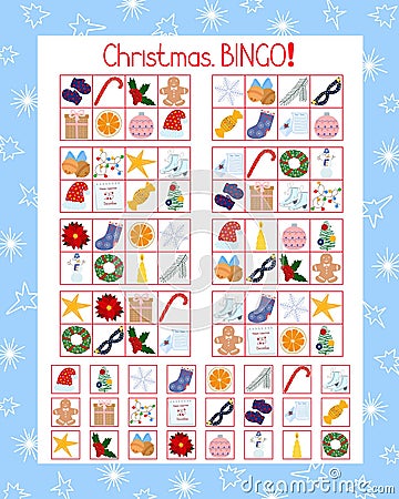 Christmas Bingo printable game topical winter festive vocabulary to practise language knowledge Vector Illustration