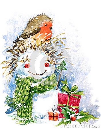 Christmas bird and Christmas background. watercolor illustration Cartoon Illustration