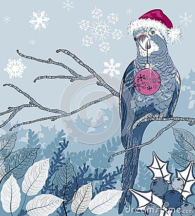 Christmas bird with decorations on a tree branch Cartoon Illustration