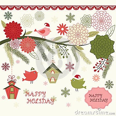 Christmas Bird Floral,Bird House,Floral Frames,Bird,Christmas invitation Vector Illustration