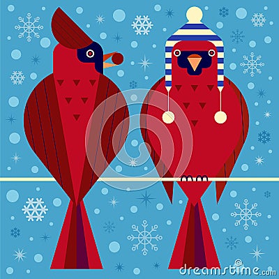 Christmas Birds Card with Red Cardinals Couple Vector Illustration