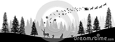 Christmas black silhouette. Panorama of Santa Claus riding sleigh with deers. Winters new year landscape. Forest scene. Vector Illustration