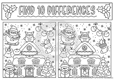 Christmas black and white find differences game for children. Attention skills activity with cute Santa Claus, house, tree, Vector Illustration