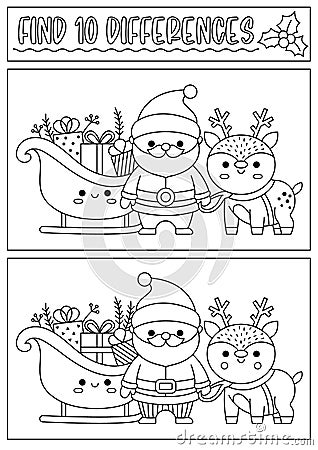 Christmas black and white find differences game for children. Attention skills activity with cute Santa Claus, sledge, deer. New Vector Illustration