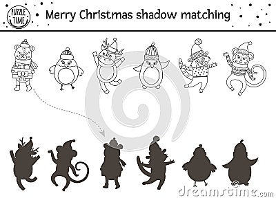Christmas black and white shadow matching activity for children. Winter coloring page with cute animals. New Year educational game Vector Illustration