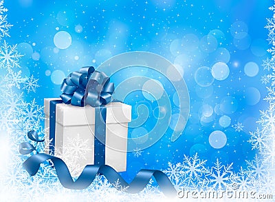 Christmas blue background with gift box and snowfl Vector Illustration