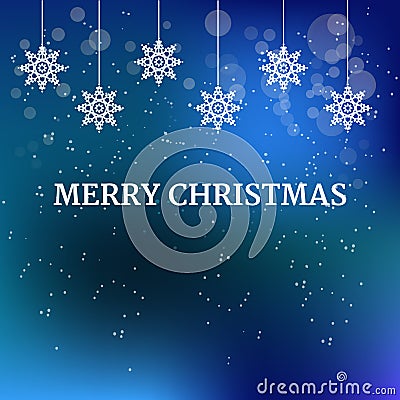 Christmas blue background with hanging white snowflakes decorations and text merry christmas Vector Illustration