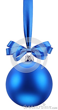 Christmas blue ball on the festive ribbon. Stock Photo