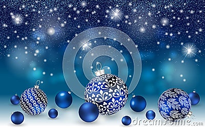 Christmas blue banner with Stardust sparks and Christmas balls Vector Illustration