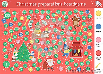 Christmas board game for children with cute animals and Santa Claus. Educational boardgame with fir tree, chimney, cookies. Vector Illustration