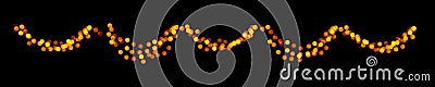 Christmas bokeh garland of bright defocused gold circles on black dark background. Stock Photo