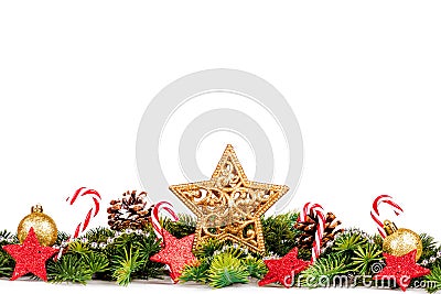 Christmas Border - big star with tree and decoration isolated on white Stock Photo