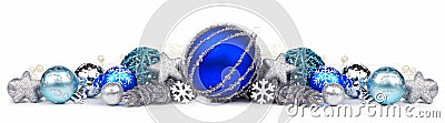 Christmas border of blue and silver ornaments over white Stock Photo