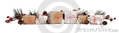 Christmas border with branches and brown and white gift boxes on white Stock Photo