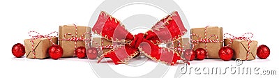 Christmas border with brown and white gift boxes and red bow isolated Stock Photo