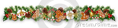 Christmas border decorations garland with fir branches, gingerbread cookies, golden bells, holly berries and cones. Design element Vector Illustration