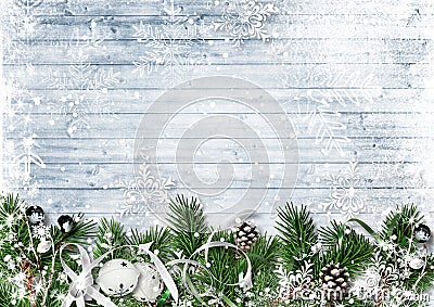 Christmas border with fir branches, jingle bells and snowfall. G Stock Photo