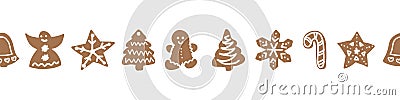 Christmas border with gingerbread cookies. Hand drawn vector illustration for New Year holidays design. Angel, star Vector Illustration