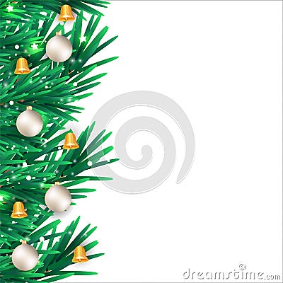 Christmas border golden bell and white decoration ball. Xmas border with snowflakes and green leaves. Christmas border, Christmas Vector Illustration