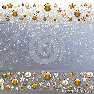 Christmas Border With Golden Christmas Toys And Stars Silver Background Vector Illustration