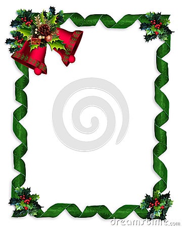 Christmas border Holly, bells, and ribbons Cartoon Illustration