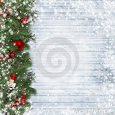 Christmas border with holly and nutcracker on vintage wood. Stock Photo