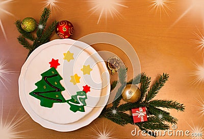 Christmas border made of fir branches, christmas cake and decorations Stock Photo