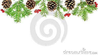 Christmas Border. Pine cones, fir branches, red berries on white background. New Year concept Stock Photo