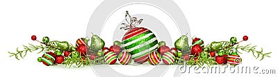 Christmas border of red, green and white ornaments and branches Stock Photo