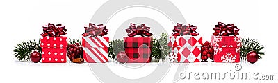 Christmas border of red and white gift boxes and branches Stock Photo