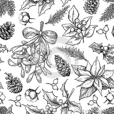 Christmas botanical seamless pattern. Hand drawn vector Vector Illustration