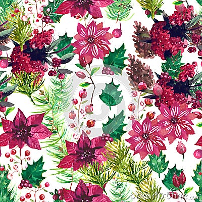Christmas botanical watercolor pattern Stock Photo