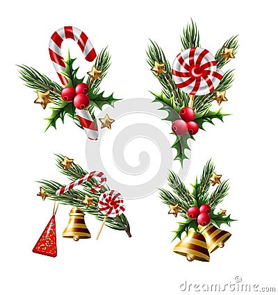 Christmas bouquets with candies, holly berries, jungles and star. Vector Illustration