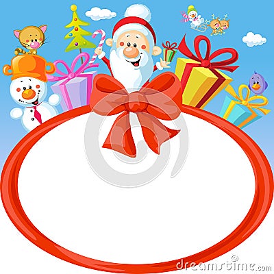 Christmas bow frame wit Santa Claus and gifts- funny vector background illustration Vector Illustration