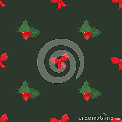 Christmas bow, hollyberry, confetti. Christmas vector seamless pattern. Colorful flat icons on a green background. Vector Illustration