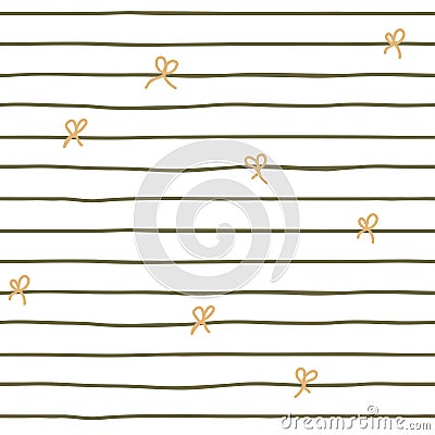 Christmas bows and ribbon striped seamless pattern. Green and gold lines, stroke repeat background. Stock Photo