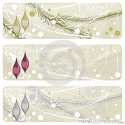 Christmas branch with glossy glass balls banner Vector Illustration