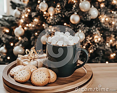 Christmas Breakfast with Hot Chocolate and Cookies. Christmas Tree in the Background Stock Photo