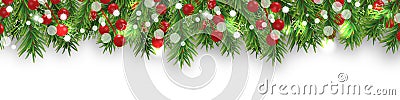 Christmas bright border with Christmas tree branches and holly berries on white background. Happy New Year decoration. Vector Vector Illustration