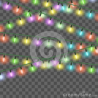 Christmas bright lights, set of color Xmas garlands, festive decorations Vector Illustration
