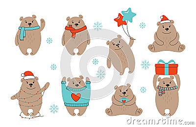 Christmas brown bear cartoon set grizzly vector Vector Illustration